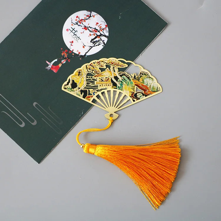 Elegant Chinese Style Metal Folding Fan Bookmark