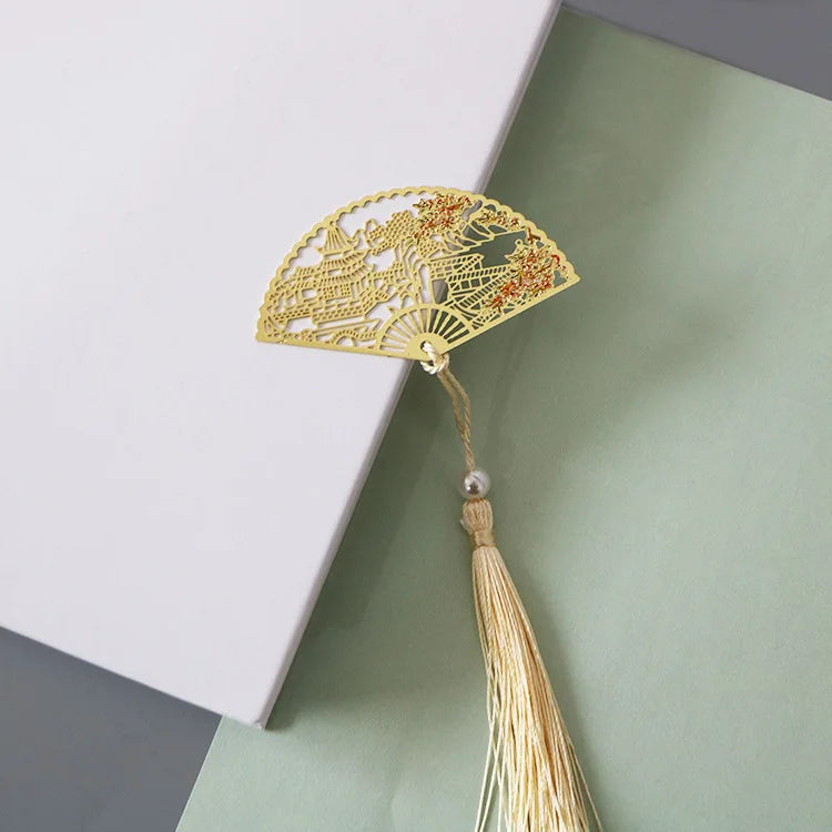 Elegant Chinese Style Metal Folding Fan Bookmark