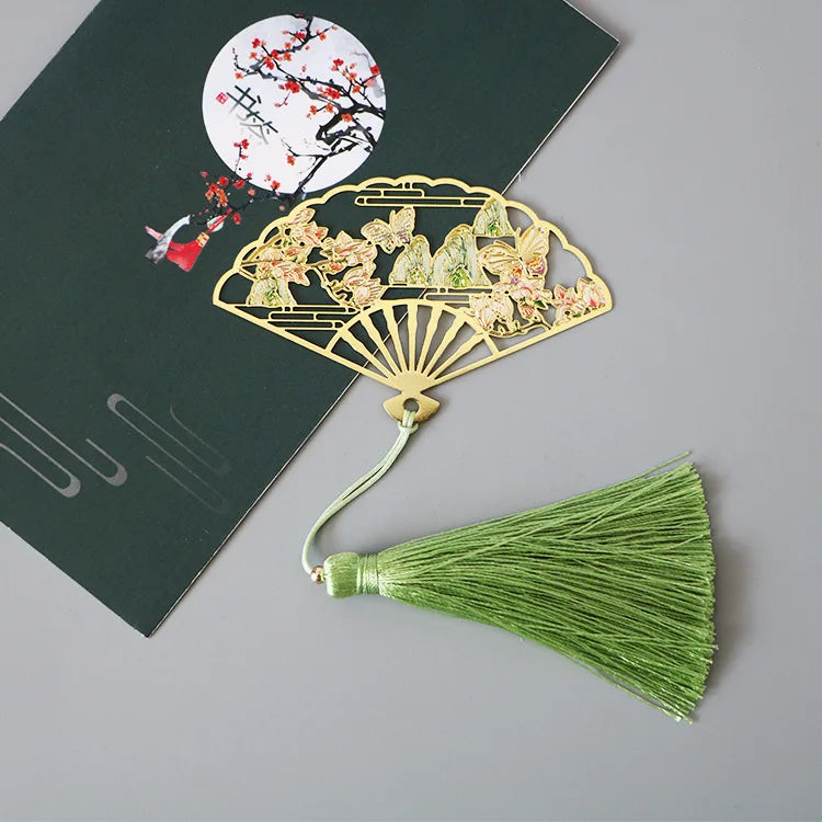 Elegant Chinese Style Metal Folding Fan Bookmark