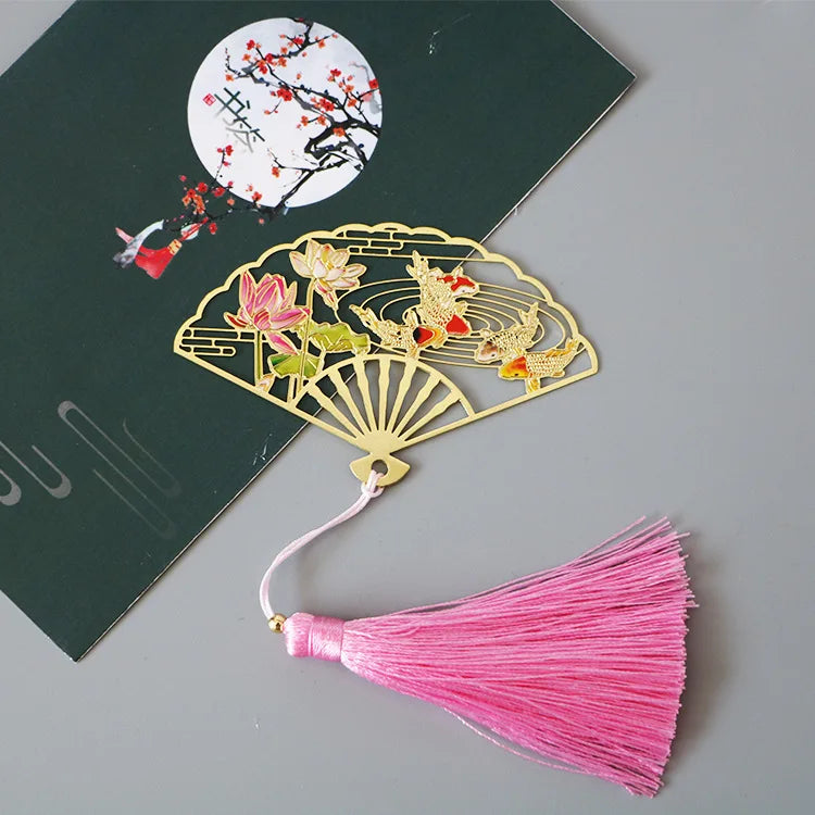 Elegant Chinese Style Metal Folding Fan Bookmark