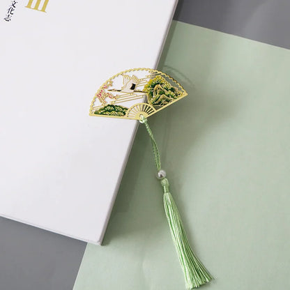 Elegant Chinese Style Metal Folding Fan Bookmark