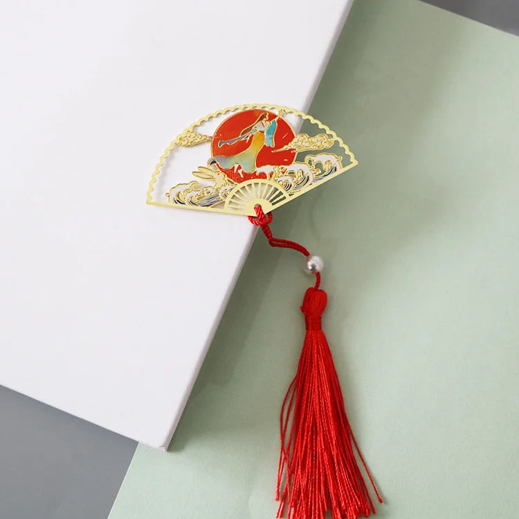 Elegant Chinese Style Metal Folding Fan Bookmark